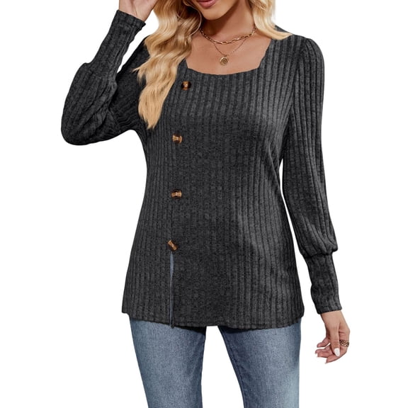 Womens Fall Tops Soft Square Neck Long Lantern Sleeve Deco Buttons Side Slit Sweater Tunic Shirt Dark Gray M