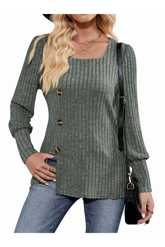 Womens Fall Tops Soft Square Neck Long Lantern Sleeve Deco Buttons Side Slit Sweater Tunic Shirt Green L