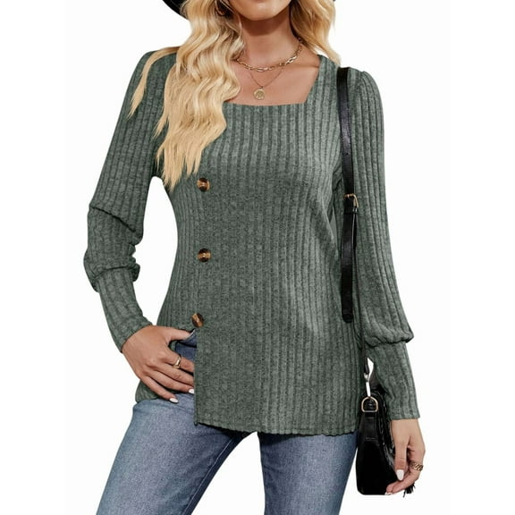 Womens Fall Tops Soft Square Neck Long Lantern Sleeve Deco Buttons Side Slit Sweater Tunic Shirt Green XXL