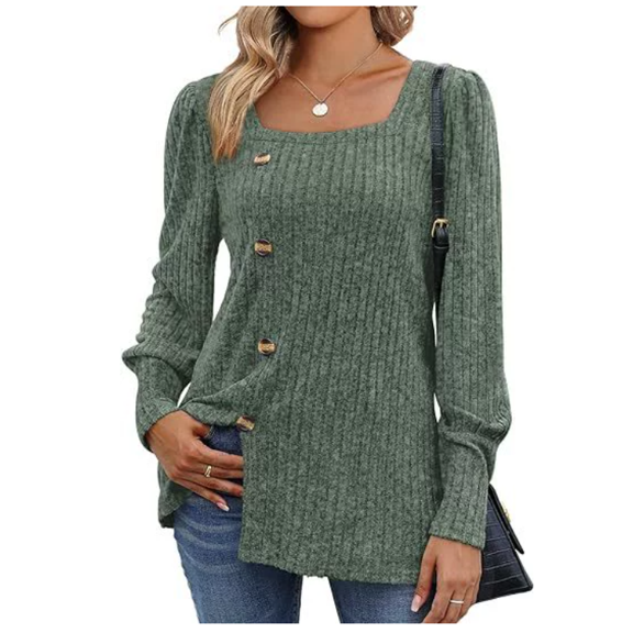 Womens Fall Tops Soft Square Neck Long Lantern Sleeve Deco Buttons Side Slit Sweater Tunic Shirt