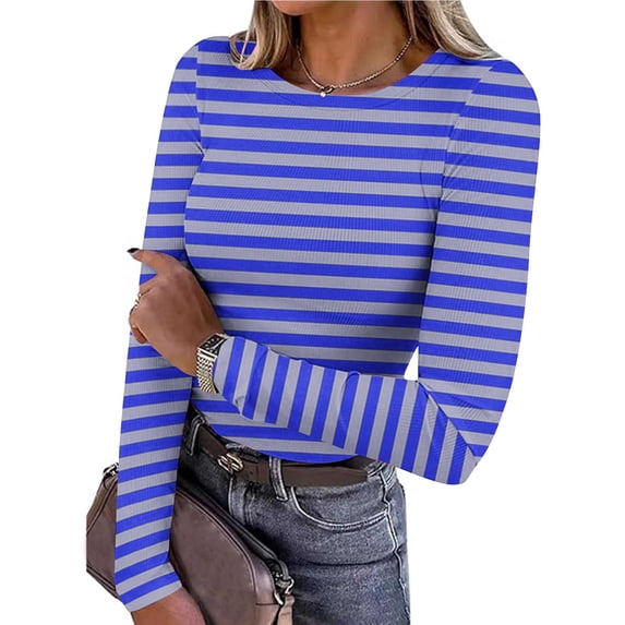 Womens Fall Tops Stripe Printing Casual Round Neck Long Sleeve Tops T-shirt Blouses Soft Cozy Lightweight Pullover Fashion Stretchable Travel Clothes Fitting Thermal Undershirt Trendy