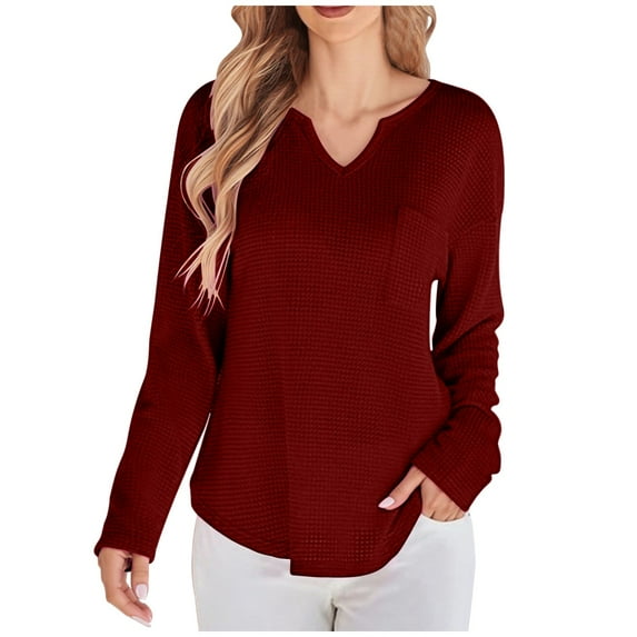 Womens Fall Tops Waffles Knit Long Sleeve Notched V Neck Shirts Casual Trendy Solid Color Loose Dressy Blouses Ladies Long Sleeve Sweater Wine S