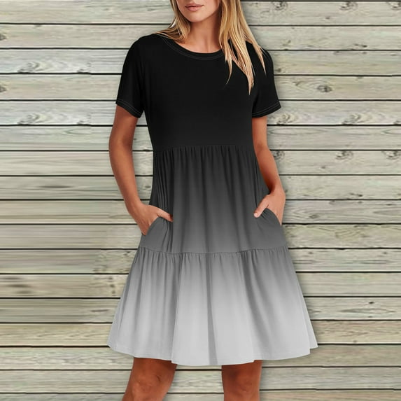 Womens Fall Tops Women's Casual Fashion Round Neck Short Sleeve Printed Midi Dress With Pocket