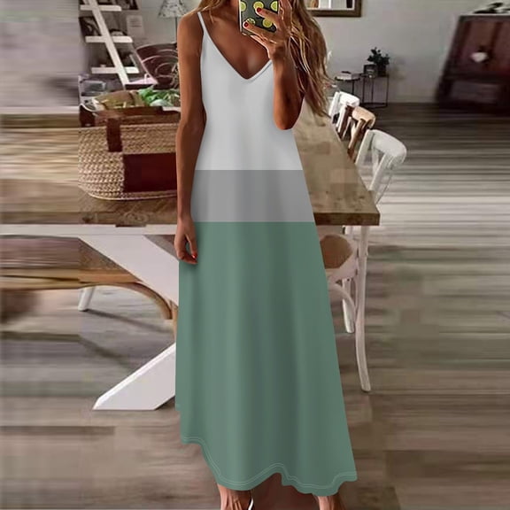 Womens Fall Tops Women's Summer Casual Fashion V-Neck Gradient Printed Big Swing Long Sleeveless Dress