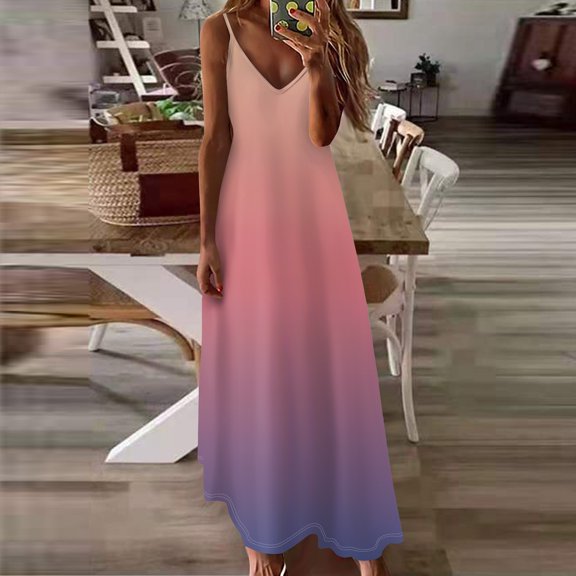 Womens Fall Tops Women's Summer Casual Fashion V-Neck Gradient Printed Big Swing Long Sleeveless Dress