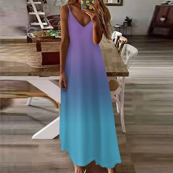 Womens Fall Tops Women's Summer Casual Fashion V-Neck Gradient Printed Big Swing Long Sleeveless Dress