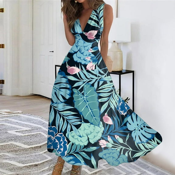 Womens Fall Tops Women's Summer Fashion Hawaiian Print V-Neck Sleeveless Tunic Casual Dresses