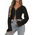 thumbnail image 1 of Womens Fall Trendy Double Zip Up Long Sleeve Soft Knit Light-Weight Cropped Cardigan Sweaters Black XL, 1 of 5