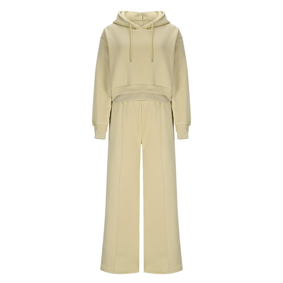 Womens Fall Trendy Outfits Sweatsuit Set Cropped Hoodies Sweatshirt High Waisted Drawstring Wide Leg Sweatpants Loungewear Tracksuit Beige S