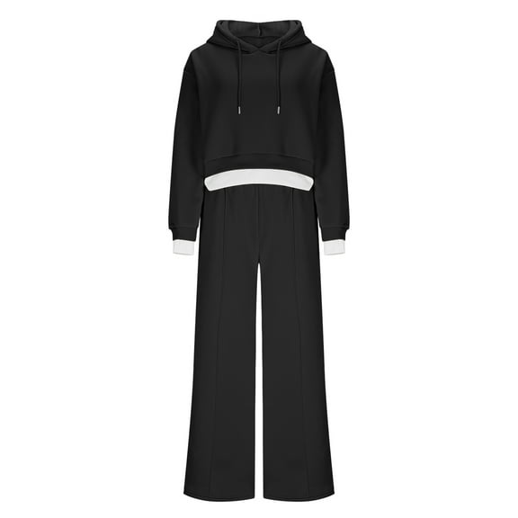 Womens Fall Trendy Outfits Sweatsuit Set Cropped Hoodies Sweatshirt High Waisted Drawstring Wide Leg Sweatpants Loungewear Tracksuit Black L