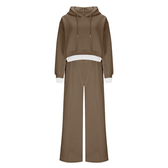 Womens Fall Trendy Outfits Sweatsuit Set Cropped Hoodies Sweatshirt High Waisted Drawstring Wide Leg Sweatpants Loungewear Tracksuit Khaki L