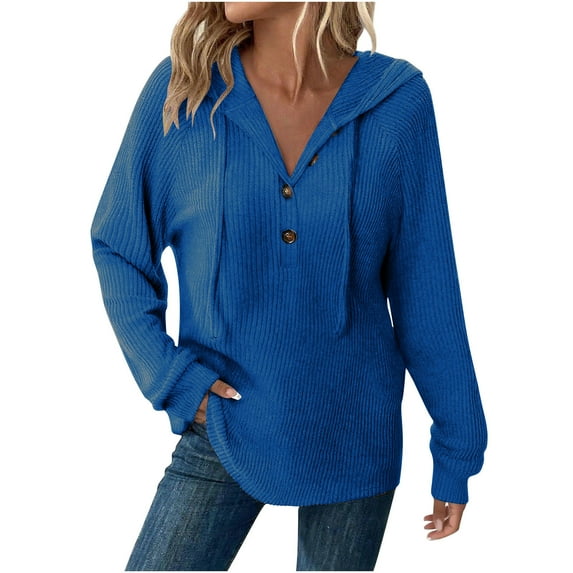 Womens Fall V Neck Sweater, Long Sleeve Pullover for Women Fashion Loose Fit Ribbed Solid Color Button Up Hoodies with Drawstring S-2XL