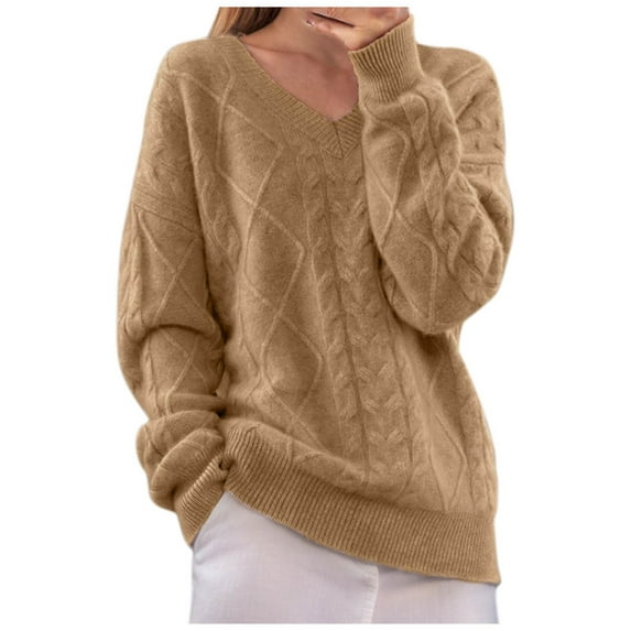 Womens Fall V Neck Sweater, Long Sleeve Pullover for Women Fashion Loose Fit Solid Color Knitted Sweaters Tops