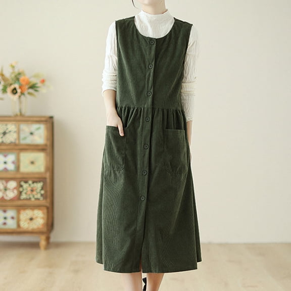 Womens Fall Winter Corduroy Midi Dress Sleeveless Botton Up Flowy Shirt Dress with Pockets Green L