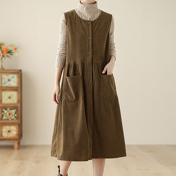 Womens Fall Winter Corduroy Midi Dress Sleeveless Botton Up Flowy Shirt Dress with Pockets Khaki L