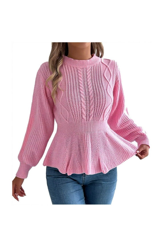 Womens Fall Winter Cute Long Sleeve Peplum Sweater Casual Crew Neck Slim Fit Cable Knit Ruffle Pullover Jumper Tops Pink S