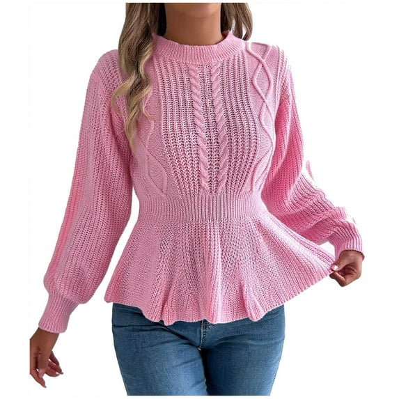 Womens Fall Winter Cute Long Sleeve Peplum Sweater Casual Crew Neck Slim Fit Cable Knit Ruffle Pullover Jumper Tops Pink XL