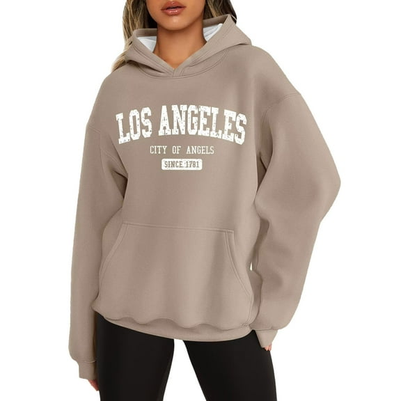 Womens Fall Winter Fashion Hoodies Los Angeles Letter Print Pullover Sweatshirts Long Sleeve Casual Tops with Pocket