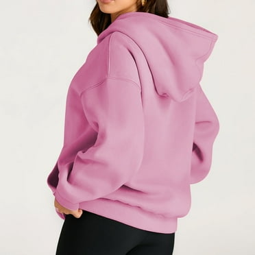 Womens Fall/Winter Fleece Street Hoodies Long Sleeves Loose Pullover Sweatshirt Pink S