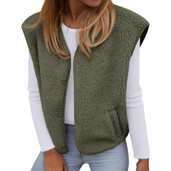 Womens Fall Winter Fleece Vest Trendy Sleeveless Jacket Button Down Open Front Fuzzy Warm Outerwear Green XXL