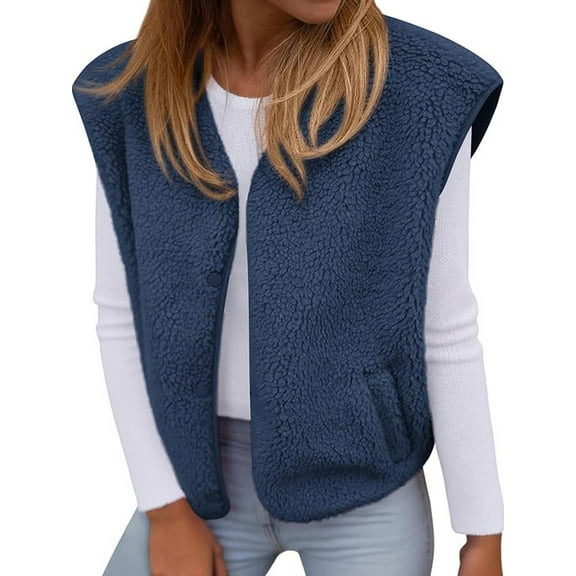 Womens Fall Winter Fleece Vest Trendy Sleeveless Jacket Button Down Open Front Fuzzy Warm Outerwear Navy Blue XXL