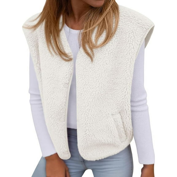 Womens Fall Winter Fleece Vest Trendy Sleeveless Jacket Button Down Open Front Fuzzy Warm Outerwear White XL