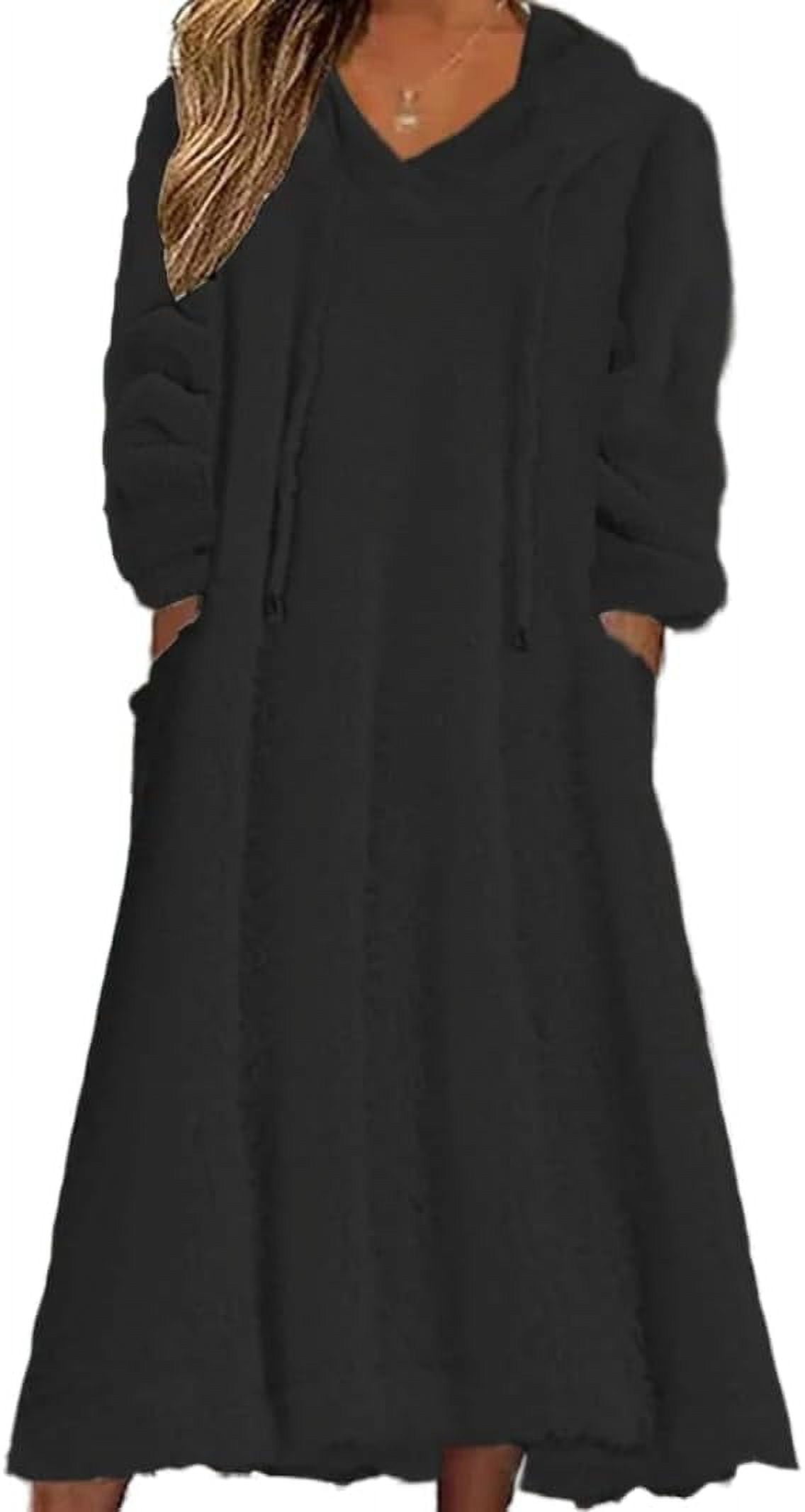 Womens Fall Winter Fuzzy Fleece Hooded Long Dress Plus Size Long Sleeve