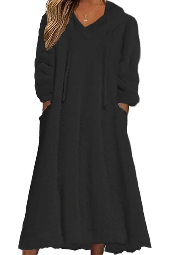 Womens Fall Winter Fuzzy Fleece Hooded Long Dress Plus Size Long Sleeve Nightgown with Pockets