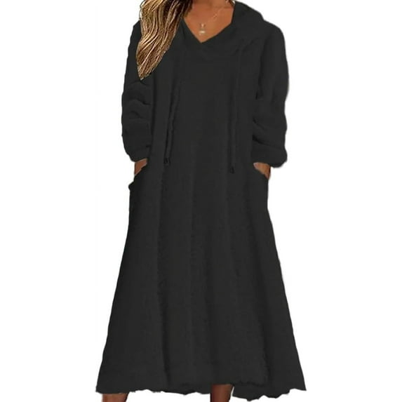 Womens Fall Winter Fuzzy Fleece Hooded Long Dress Plus Size Long Sleeve Nightgown with Pockets