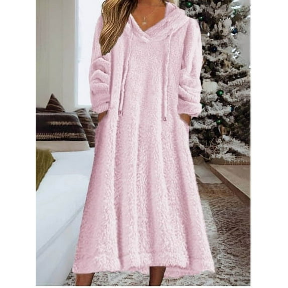 Womens Fall Winter Fuzzy Fleece Hooded Long Dress Plus Size Long Sleeve Nightgown with Pockets