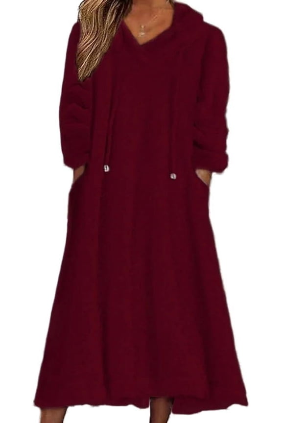 Womens Fall Winter Fuzzy Fleece Hooded Long Dress Plus Size Long Sleeve Nightgown with Pockets