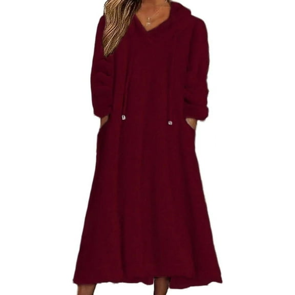 Womens Fall Winter Fuzzy Fleece Hooded Long Dress Plus Size Long Sleeve Nightgown with Pockets