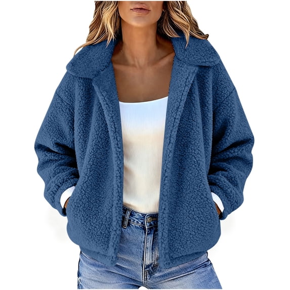 Womens Fall/Winter Jacket Solid-Color Casual Long-Sleeve Collared Reversible Fleece Jacket with Pockets Everyday Casual Commuting