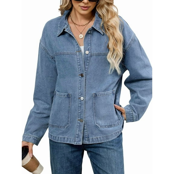 Womens Fall Winter Jean Denim Jacket Long Sleeve Button Down Shirts Oversized Trendy Coat with Pockets Blue S