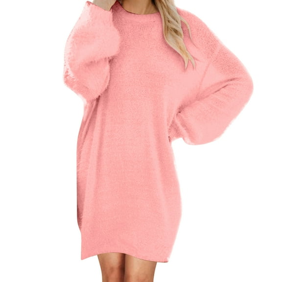 Womens Fall Winter Loose Pullover Sweater Dress Crew Neck Long Sleeve Furry Short Dresses Casual Fuzzy Outfits