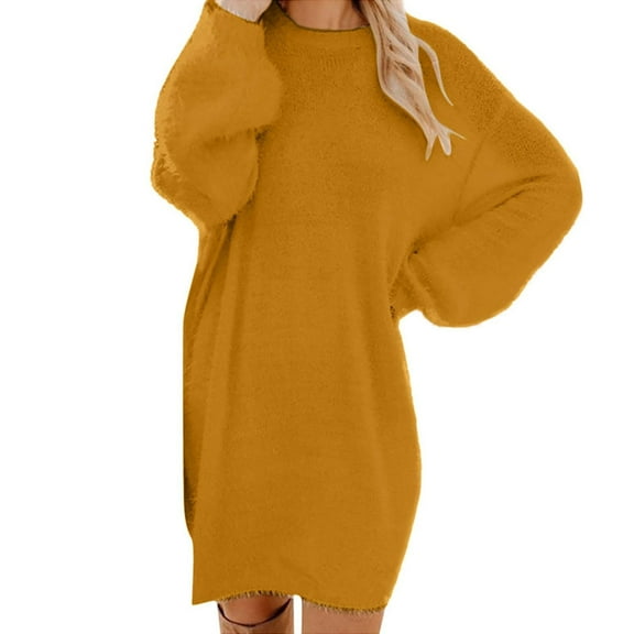 Womens Fall Winter Loose Sweater Dress Crew Neck Long Sleeve Furry Short Dresses Casual Fuzzy Outfits