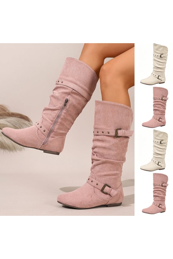Womens Fall Winter Mid Shaft Slouch Boots Round Toe Mid Block Heel Solid Color Buckle Accent Daily Casual Mid Calf Shoes Pink 8.5(41)