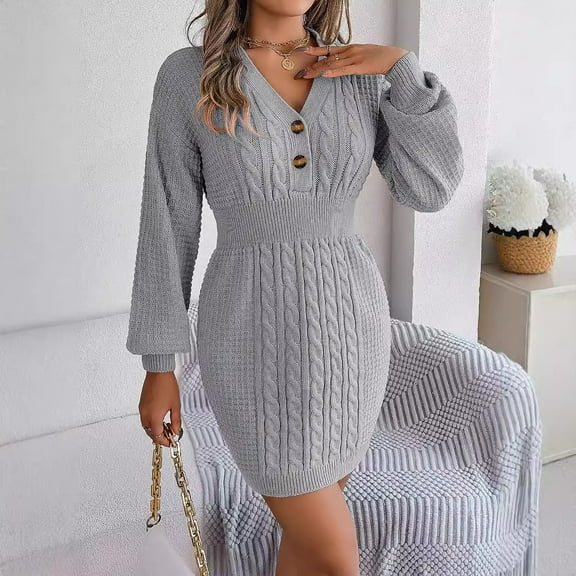 Womens Fall Winter Mini Dress Ribbed Knit Sweater Dress Casual Long Sleeve Sexy V Neck Bodycon Short Dress