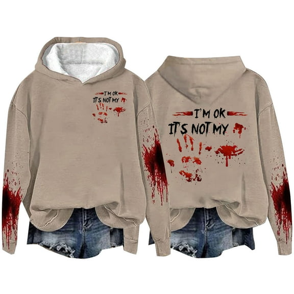 Womens Fall Winter Oversized Hoodies Fleece Sweatshirts Halloween Graphic Print Long Sleeve Pullover Tops,Khaki 1,S