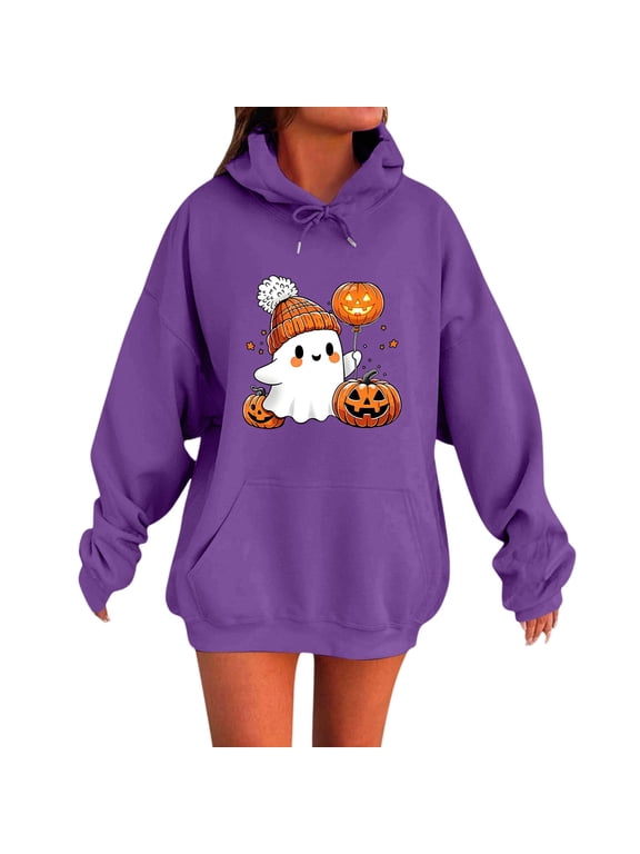 Womens Fall Winter Oversized Hoodies Funny Halloween Graphic Long Sleeve Pullover Sweatshirts with Pocket Halloween Hoodie for Women Men Casual Hoody Halloween Party Costume, Purple S