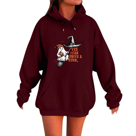 Womens Fall Winter Oversized Hoodies Funny Halloween Graphic Long Sleeve Pullover Sweatshirts with Pocket Halloween Hoodie for Women Men Casual Soft Hoody Halloween Party Costume, Wine 2XL