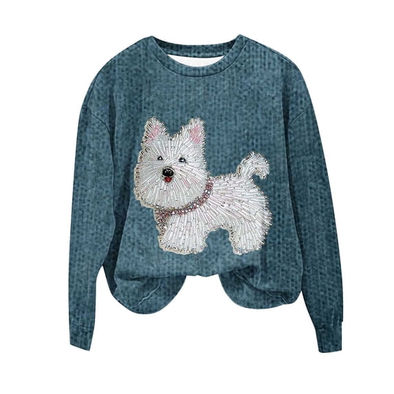 Womens Cute Pullover Westie Dog Rhinestone Sweatshirts Fleece Soft Tops Long Sleeve Sweatshirt Vacation Travel Dropped Shoulder Fall Winter Outfits