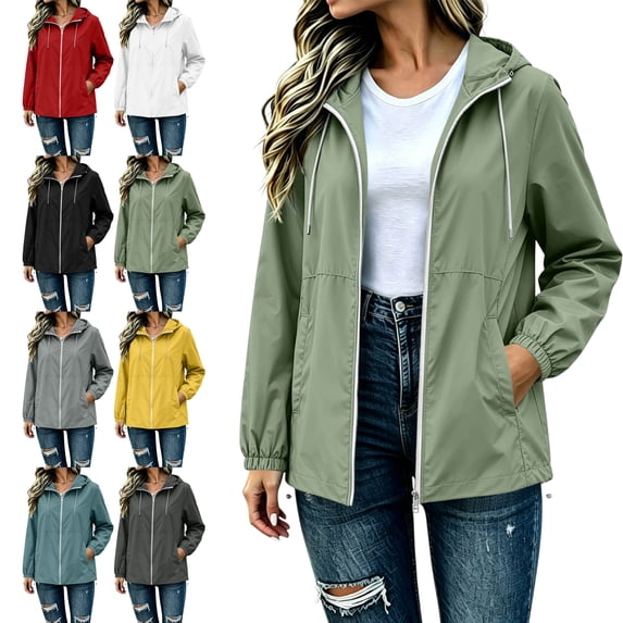 Womens Fall Winter Rain Jacket Waterproof Drawstring Hooded Long Sleeve Active Windbreaker Solid Color Casual Coat with Pockets