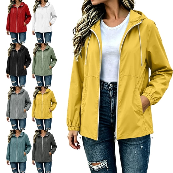 Womens Fall Winter Rain Jacket Waterproof Drawstring Hooded Long Sleeve Active Windbreaker Solid Color Casual Coat with Pockets