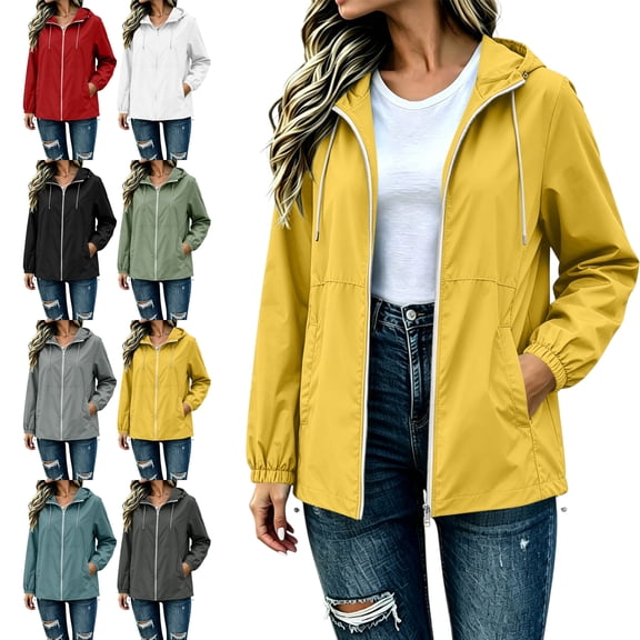 Womens Fall Winter Rain Jacket Waterproof Drawstring Hooded Long Sleeve Active Windbreaker Solid Color Casual Coat with Pockets