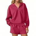 thumbnail image 1 of Womens Fall Winter Thermal Sweatshirt Quarter Zip Lapel Long Sleeve Blouses Solid Classic Sweat Shirts Athletic Stretch High Waist Shorts with Pockets Trendy 2025 2 Pieces, 1 of 7