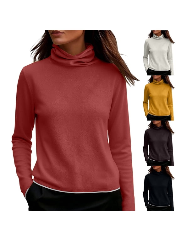 Womens Fall Winter Tops Turtleneck Long Sleeve Top Plus Size Solid Color Basic Pullover Shirts for Women M-4XL