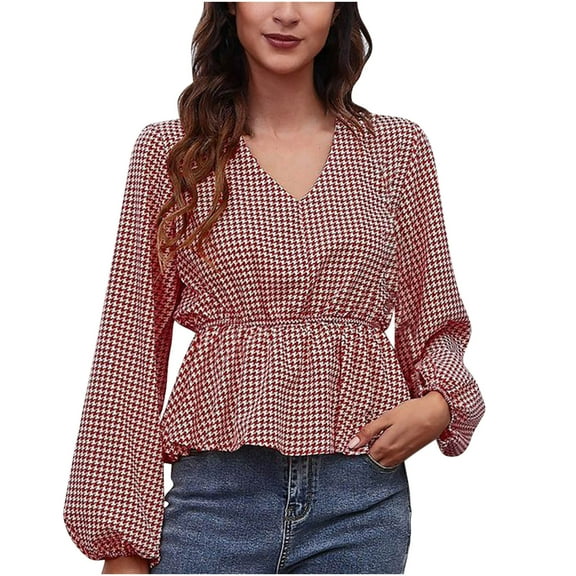 Womens Fall Winter Tunic Tops Trendy Printed V Neck Lantern Sleeve Tshirts Casual Comfy Ladies Dressy Blouses Tees