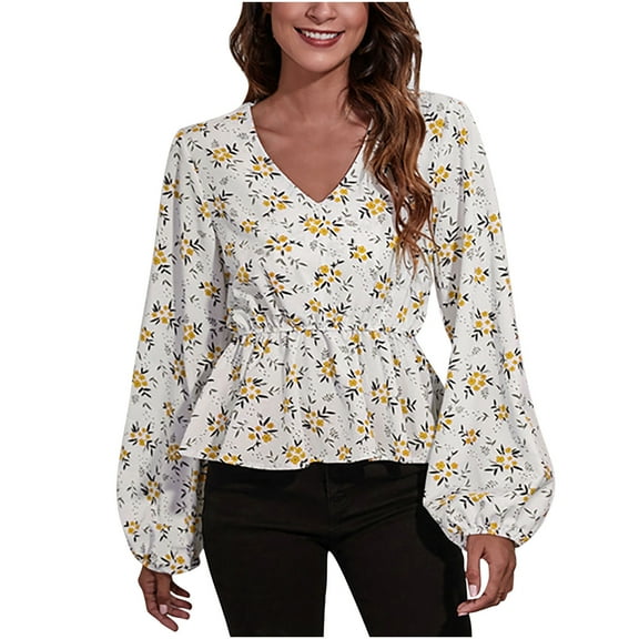 Womens Fall Winter Tunic Tops Trendy Printed V Neck Lantern Sleeve Tshirts Casual Comfy Ladies Dressy Blouses Tees