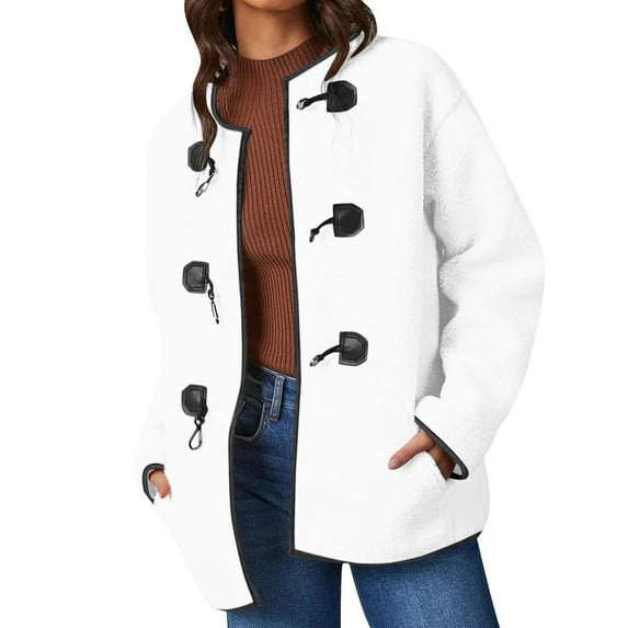 Womens Fall Winter Warm Jacket Oversized Faux Shearling Horn Button Coats Long Sleeve Crew Neck Loose Outerwear with Pockets